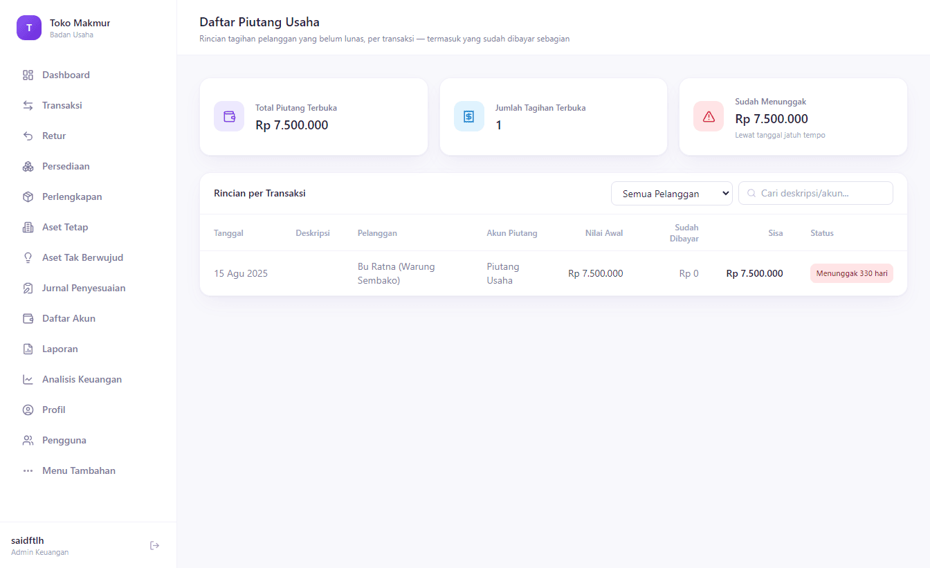 Daftar Piutang Usaha menampilkan piutang lama yang baru dicatat, lengkap dengan nama pelanggan dan status menunggak