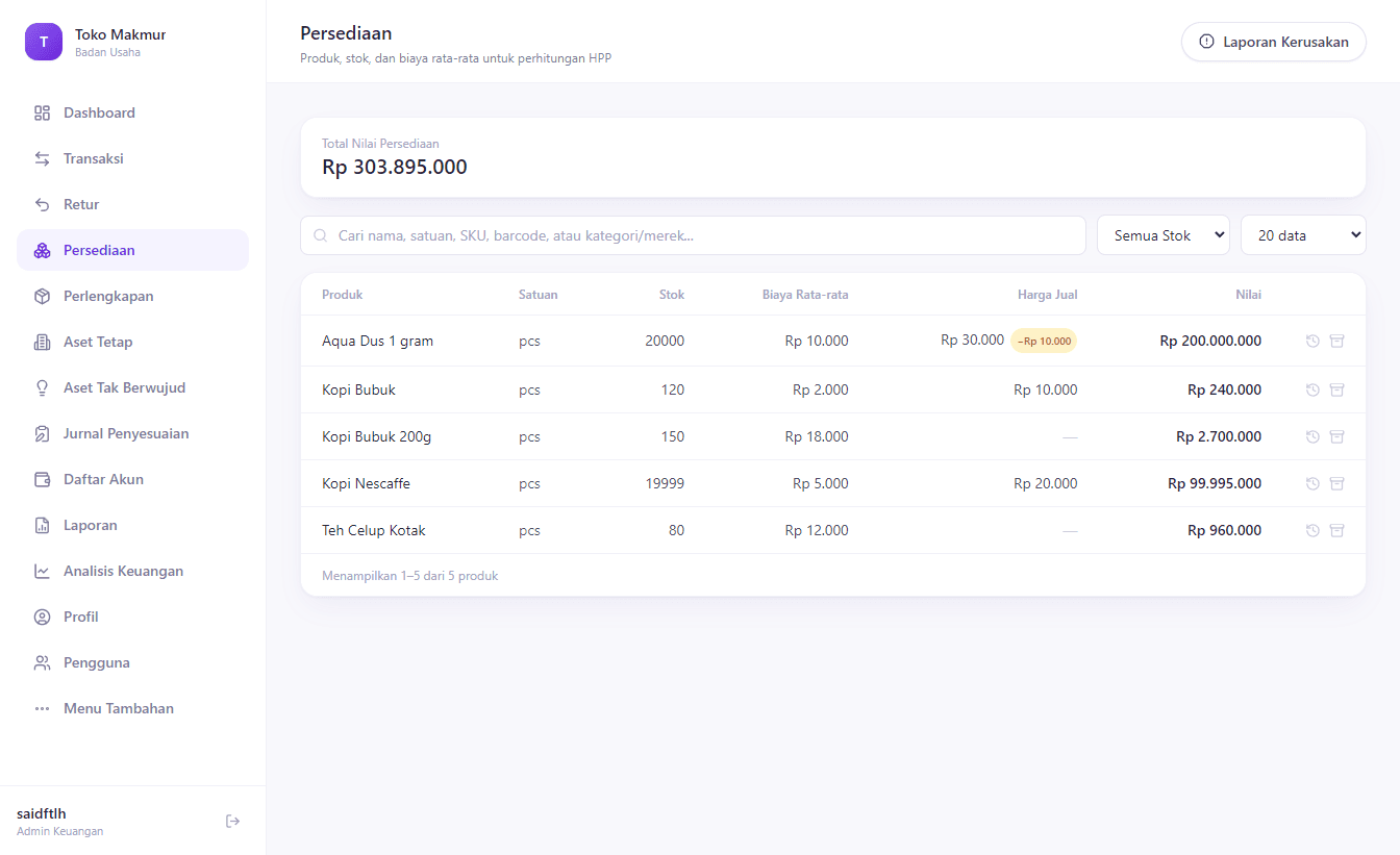 Halaman Persediaan menampilkan daftar produk beserta stok, biaya rata-rata, dan nilai totalnya