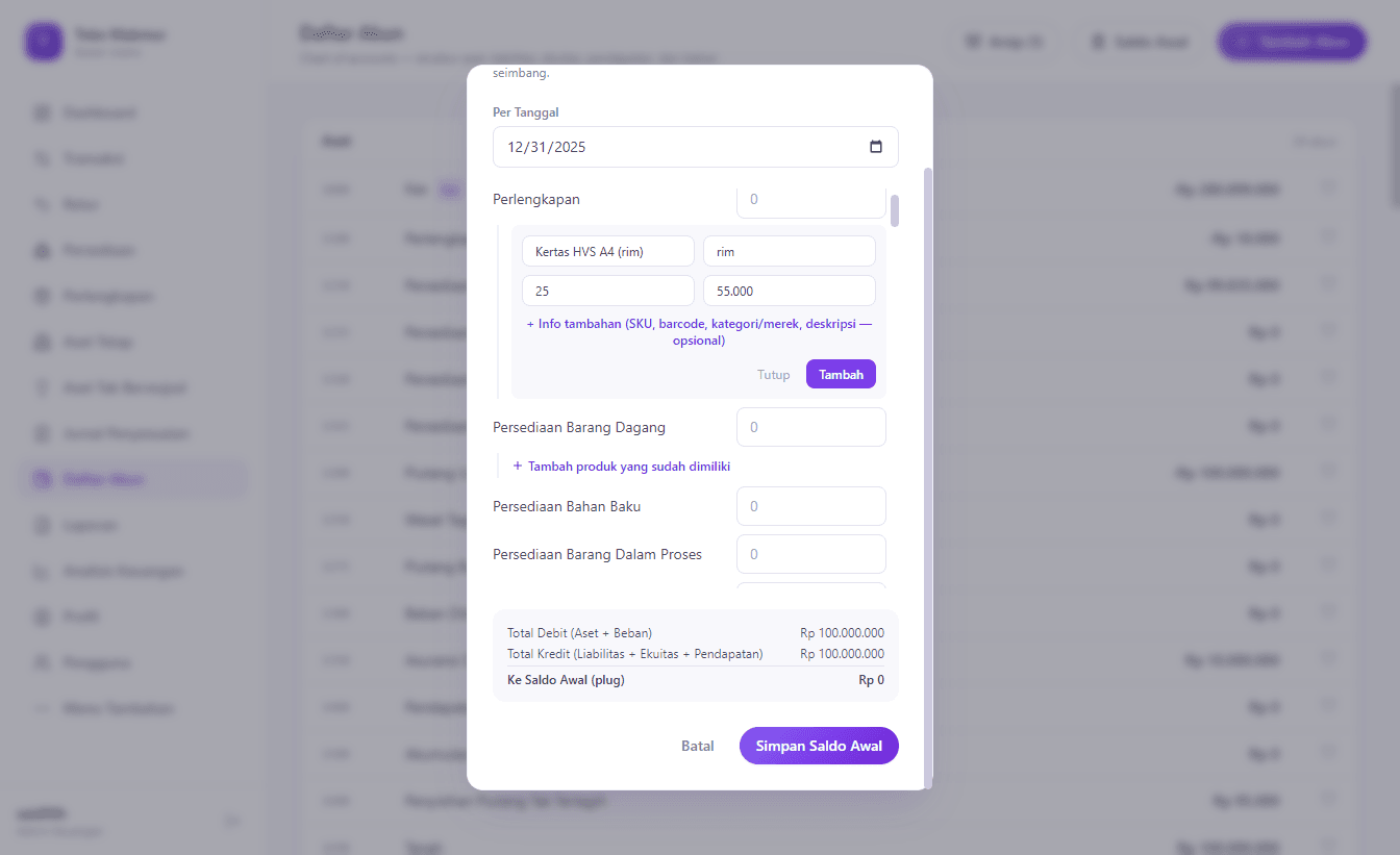 Form tambah item di dalam modal Saldo Awal, pada baris akun Perlengkapan